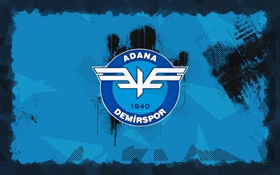 adana demirspor grunge logosu, 4k, süper lig, mavi grunge arka plan, futbol, adana demirspor amblemi, adana demirspor logosu, adana demirspor, türk futbol kulübü, adana demirspor fc