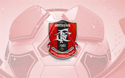 Bucheon FC 1995 glossy logo, 4K, red football background, K League 2, soccer, Bucheon FC 1995, south korean football club, Bucheon FC 1995 emblem, Bucheon FC 1995 logo, Bucheon FC