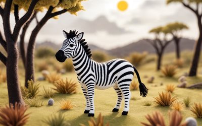 dibujos animados 3d zebra, 4k, desierto, paisajes abstractos, animales de dibujos animados, cebras, cebra de dibujos animados, backgroun con cebra, cebras 3d