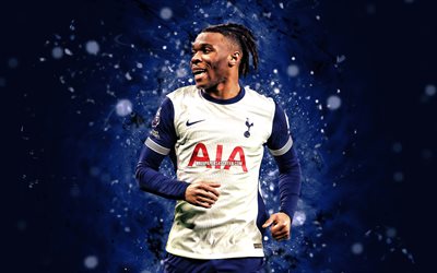 Destiny Udogie, 4k, blue neon lights, Tottenham Hotspur, Premier League, Italian footballers, Destiny Udogie 4K, football, soccer, Tottenham Hotspur FC, Destiny Udogie Tottenham Hotspur