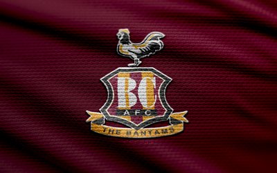 bradford city afc fabric logo, 4k, sfondo in tessuto viola, lega due, bokeh, calcio, logo bradford city afc, bradford city afc emblem, bradford city afc, club di calcio inglese, bradford city fc