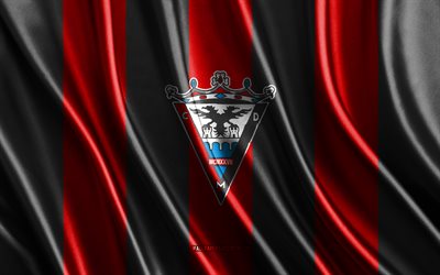 4k, CD Mirandes logo, Segunda Division, red black silk texture, CD Mirandes flag, Spanish football team, Mirandes, football, silk flag, CD Mirandes emblem, Spain, CD Mirandes badge, CD Mirandes