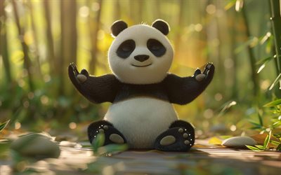 dibujos animados 3d panda, 4k, selva, joga, paisajes abstractos, animales de dibujos animados, pandas, panda de dibujos animados, backgroun con panda, pandas 3d