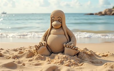 logo linux, 4k, été, logo linux en sable, plage, logo linux 3d, sable, emblème linux, linux, pingouin de sable