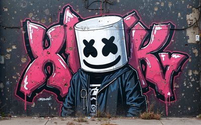4k, マシュメロ, 壁に落書き, グランジアート, marshmello dj, 創造的なグランジアート, marshmello graffiti, アメリカのdj