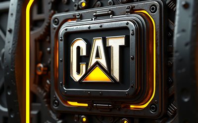 caterpillar metal logo, 4k, 黄色のネオンライト, ブラックメタルの背景, caterpillar 3dロゴ, クリエイティブ, 猫, caterpillarロゴ, メーカーブランド, キャタピラー, 猫のロゴ