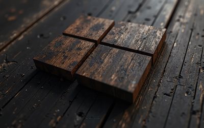 Windows 11 logo, 4k, Windows 11 3d black wooden logo, black wooden backround, Windows 11, Windows logo, Microsoft logo, Windows emblem, Windows