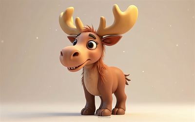 4k, netter 3d  elch, cartoon 3d moose, süße tiere, elch, 3d  tiere, cartoon 3d  tiere, lustiger elch, kleiner elch, orangefarbener hintergrund