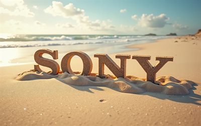sony  logo, 4k, kesän, sony  hiekasta valmistettu logo, ranta, 3d sony  logo, hiekka, sony  tunnus, sony