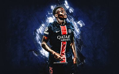 nuno mendes, paris saint germain, footballeur portugais, psg, fond de pierre bleue, grunge, ligue 1, france, football, nuno mendes psg