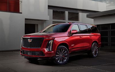 cadillac escalade v, 4k, suv, 2025 auto, auto di lusso, cadillac red cadillac, 2025 cadillac escalade, auto americane, cadillac