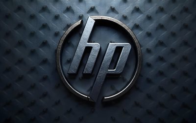 logo di metallo hewlett packard, 4k, creaive, sfondi della griglia metallica, logo hp 3d, grunge art, creativo, logo hp metal, logo hp, marchi elettronici, hewlett packard, logo dei marchi, logo hewlett packard