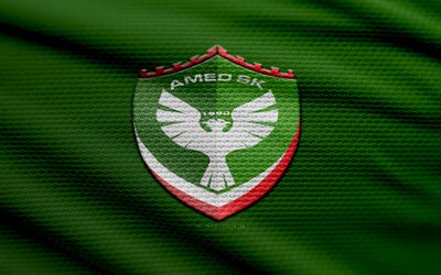 Amedspor fabric logo, 4k, green fabric background, 1 Lig, bokeh, soccer, Amedspor logo, football, Amedspor emblem, Amed SK, Amedspor, turkish football club, Amedspor FC
