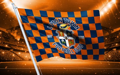 4k, Luton Town FC logo, English football club, stadium flag, Luton Town FC fans flag, blue orange flag, Luton Town FC emblem, Championship, England, football, Luton TownFC