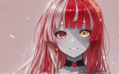 4k, kureiji ollie, minimalismo, youtuber virtuale, vtuber, zombie, eterocromia, sfondo rosa, olanto, manga, kureiji ollie channel