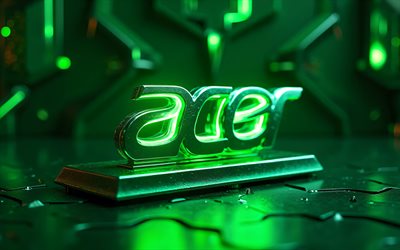 logo verde acer, 4k, sfondi metallici, luci al neon verde, logo acer 3d, opera d'arte, logo acer metal, logo acer, marchi elettronici, acer