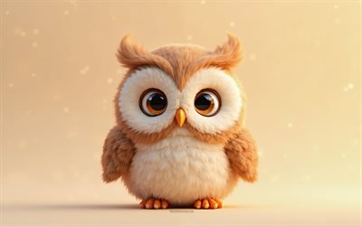 4k, süße 3d  eule, cartoon 3d owl, süße tiere, eule, 3d  tiere, cartoon 3d  tiere, lustige eule, kleine eule, orangefarbener hintergrund