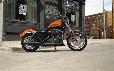 harley davidson xl883r sportster roadster, vista laterale, bike 2015, superbike, motociclette arancioni, 2015 harley davidson xl883r sportster roadster, motociclette americane, harley davidson