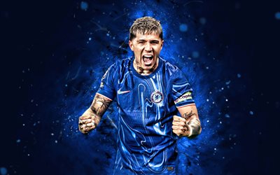 4k, enzo fernandez, yaratıcı, chelsea fc, neşe, premier lig, arjantinli futbolcular, enzo fernandez 4k, futbol, mavi neon işıklar, enzo fernandez chelsea