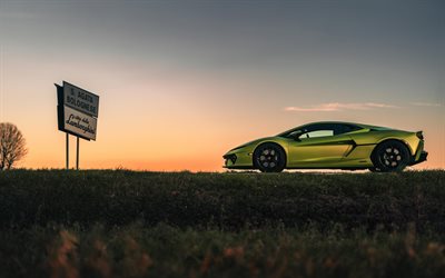 lamborghini temerario, 4k, coucher de soleil, 2025 voitures, hypercars, lb634, supercars, lamborghini jaune temerario, 2025 lamborghini temerario, voitures italiennes, lamborghini