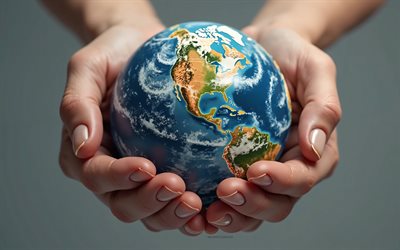أنقذ الأرض, 4k, العالم في اليدين, مفاهيم البيئة, حفظ مفاهيم الأرض, الأرض في اليدين, اليدين الواقعية العالم واقعي, اعتني بالأرض