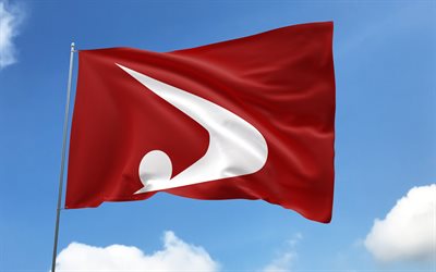 Akita flag on flagpole, 4K, Japanese prefectures, blue sky, flag of Akita, wavy satin flags, Akita flag, Prefectures of Japan, flagpole with flags, Day of Akita, Japan, Akita