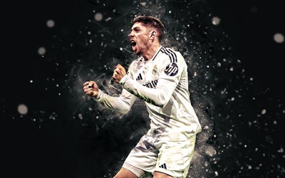 Federico Valverde, 4k, white neon lights, Real Madrid, La Liga, spanish footballers, Federico Valverde 4K, Real Madrid FC, football, soccer, Real Madrid CF, LaLiga, Federico Valverde Real Madrid