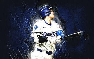 shohei ohtani, los angeles dodgers, japon beyzbol oyuncusu, mavi taş arka plan, grunge art, mlb, amerika, beyzbol, shohei ohtani los angeles dodgers