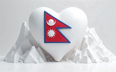 jag älskar nepal, 4k, vit 3d  bakgrund, 3d  konst, kreativ, nepal day, nepalflagg, hjärta med nepal flagga, 3d  hjärtan, nepalesisk flagga, nepal, kärlek till nepal