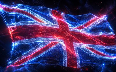 United Kingdom glowing flag, 4k, darkness, flag of United Kingdom, Day of United Kingdom, British flag, Great Britain flag, United Kingdom abstract flag, United Kingdom, UK flag, Union Jack