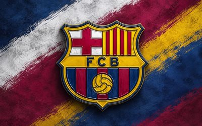 FC Barcelona logo, 4k, burgundy blue paint background, FC Barcelona, Spanish football club, FC Barcelona emblem, La Liga, Spain, football, Barcelona logo