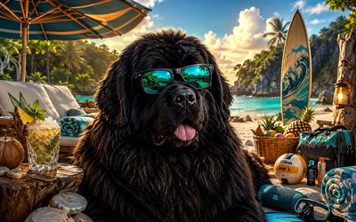 Newfoundland, 4k, summer, tropical beach, beach accessories, sea, sun lounger, sunglasses, Newfoundland on beach, dogs, cocktail, cute animals, beach, pets, dog in sunglasses, Newfoundland Dog