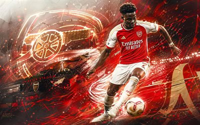 Bukayo Saka, Arsenal FC, fan art, red abstract background, Bukayo Saka Arsenal FC, creative art, Arsenal FC logo, Bukayo Saka Arsenal, football, Arsenal, Bukayo Ayoyinka Temidayo Saka