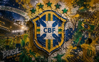 Brazil national football team logo, 4K, stone background, Brazil national football team, 2026 FIFA World Cup, mural art, football, Brazil, CBF, Canarinho, Amarelinha, Verde-Amarela, CONMEBOL