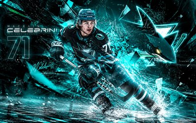 Macklin Celebrini, 4k, turquoise digital background, San Jose Sharks, NHL, Canadian hockey players, Macklin Celebrini 4K, hockey, fan art, Macklin Celebrini San Jose Sharks