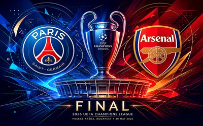 2026 UEFA Champions League final, PSG vs Arsenal FC, vector art, PSG, Arsenal FC, Champions League, abstraction art, final, Paris Saint-Germain vs Arsenal, Paris Saint-Germain, Puskas Arena, Budapest, football