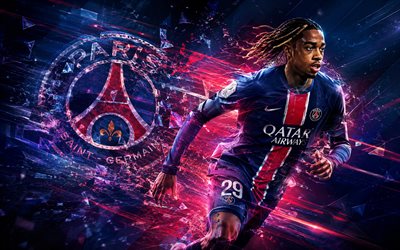 Bradley Barcola, PSG, fan art, blue red abstract lines background, Paris Saint-Germain, Bradley Barcola PSG, creative art, Paris Saint-Germain logo, football