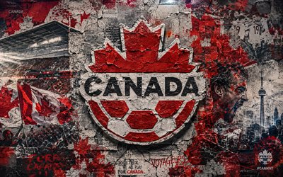 Canada national football team logo, 4K, stone background, Canada national football team, 2026 FIFA World Cup, mural art, football, Canada, Canada mens national soccer team, CONCACAF, Les Rouges, The Maple Leaf Team