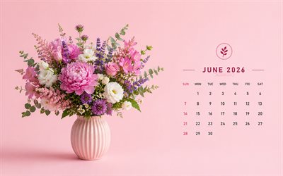 calendario junio 2026, 4k, fondo rosa, ramo de verano, calendario junio ​​2026, ramo en un florero, junio, calendarios 2026, flores de verano