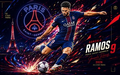 4k, Goncalo Ramos, PSG, vector art, blue abstract vector background, Goncalo Ramos PSG, creative art, PSG logo, Goncalo Ramos Paris Saint-Germain, football, Paris Saint-Germain