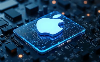 Apple blue glowing logo, 4k, blue technology background, Apple logo, Apple blue glowing emblem, Apple 3D logo, Apple blue glowing sign, Apple, blue Apple logo