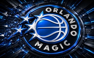 Orlando Magic metal logo, 4k, black blue metal background, NBA, basketball, Orlando Magic logo, Orlando Magic 3D logo, american basketball team, Orlando Magic