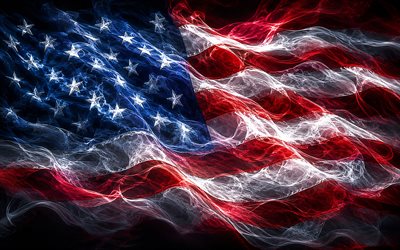 bandera americana, 4k, humo de arte, bandera de estados unidos, fondo negro, símbolos estadounidenses, fumar, arte creativo