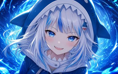 جاور جورا, 4k, يبتسم, خلفية مجردة زرقاء, مستخدم youtube الافتراضي, أضواء النيون الزرقاء, vtuber, فتاة ذات عيون زرقاء, هولولايف, مانغا, قناة جاور جورا, موقع youtuber الافتراضي gawr gura