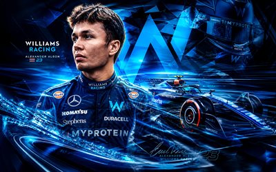 alejandro albón, 4k, fondo digital azul, carreras de williams, fórmula 1, pilotos de carreras británicos, alejandro albón 4k, fórmula uno, f1, equipo atlassian williams f1, fan art, alexander albon williams racing