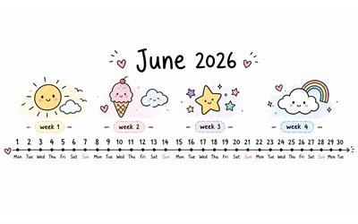 calendario junio ​​2026, 4k, arte de dibujos animados, accesorios de playa, minimalismo, wibes de playa, junio 2026, calendarios de verano, calendario junio 2026, arte del garabato, verano, calendarios de junio, calendarios 2026, junio