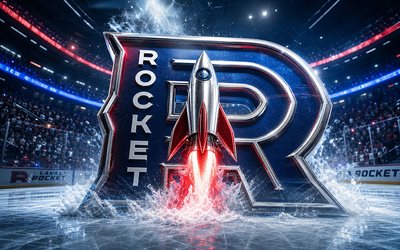 4k, Laval Rocket metal logo, spotlights, ice arena, AHL, creative, hockey, Laval Rocket logo, hockey stadium, Laval Rocket 3D logo, american hockey team, Laval Rocket