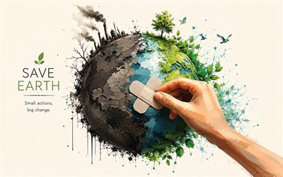 Save Earth, 4K, Small Actions Big Changes, creative eco concepts, environment, Save Earth art, ecology concepts, Save Earth concepts, paper art, ecology, take care of nature