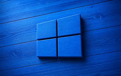 logotipo de madera de windows 10, 4k, minimalismo, fondo de madera azul, creativo, logotipo 3d de windows 10, marcas de sistemas operativos, logotipo de windows 10, ventanas 10