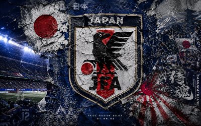 japanin jalkapallomaajoukkueen logo, 4k, kivi tausta, japanin jalkapallomaajoukkue, 2026 fifa world cup, seinämaalaus taidetta, jalkapallo, japani, samurainsininen, japanin lippu